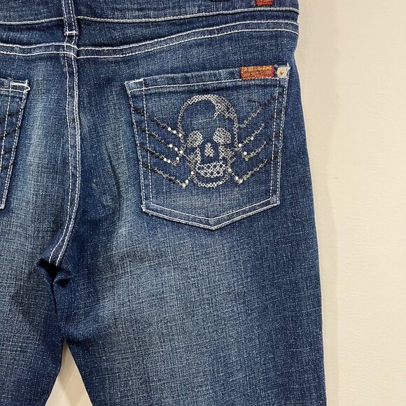 7 FOR ALL MANKIND Y2K Low Rise Embroidered Skull Pocket Boot Cut Jeans Sz 30 EUC - Picture 7 of 12